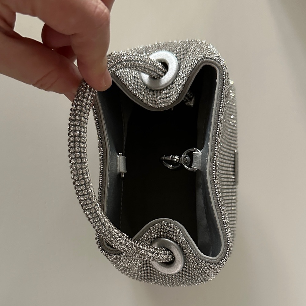 NWT Cult Gaia Solene Mini Top Round Handle Clear Rhinestone Silver Bag - Picture 9 of 10